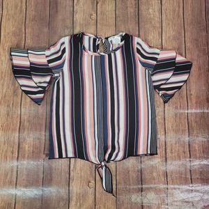 Miss Majesty Girls Top Black 7-8‎ Blouse Tie Waist Striped Short Tiered Sleeve